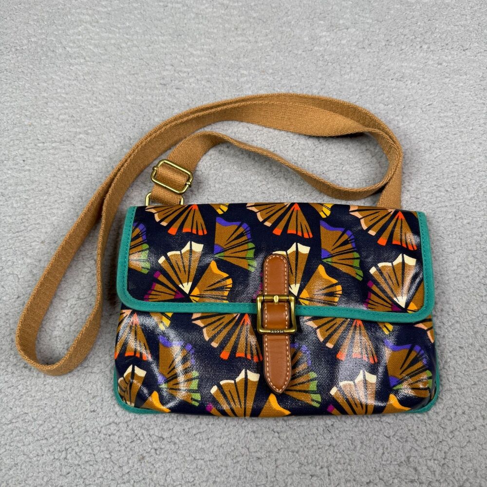 Fossil Crossbody Bag Purse Navy Coated Canvas Fan Print Flap Buckle Magnetic